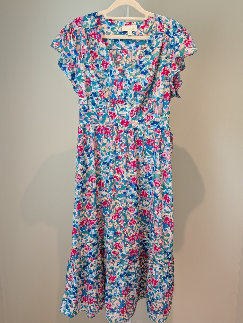 PINCH Abstract Floral Tiered Midi Flutter Sleeve V-neck Dress Sz L Garden